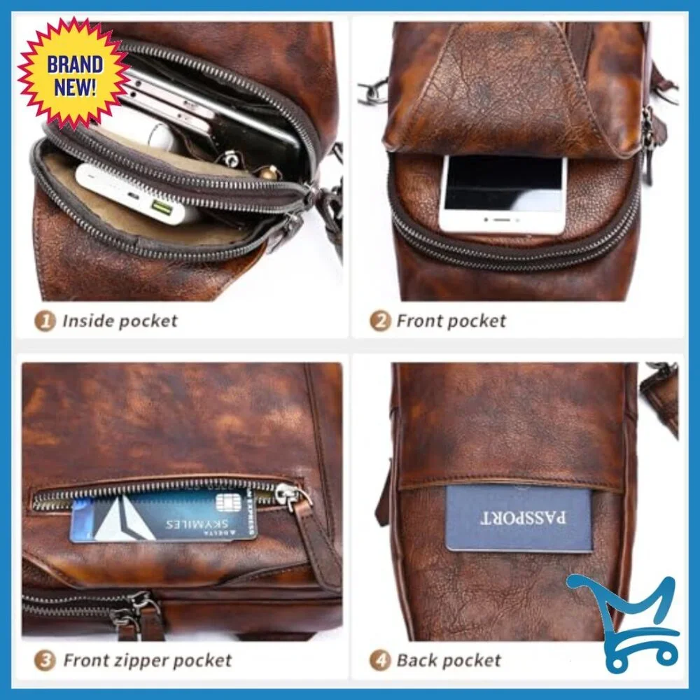 Genuine Leather Crossbody Sling Bag with Adjustable Strap, 8 Pockets